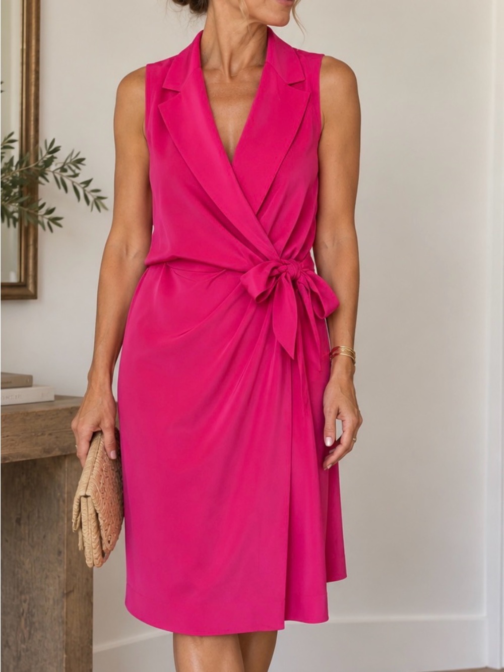 Jones Wear Vintage 100% Silk Sleeveless Wrap Dress in Pink Fuchsia